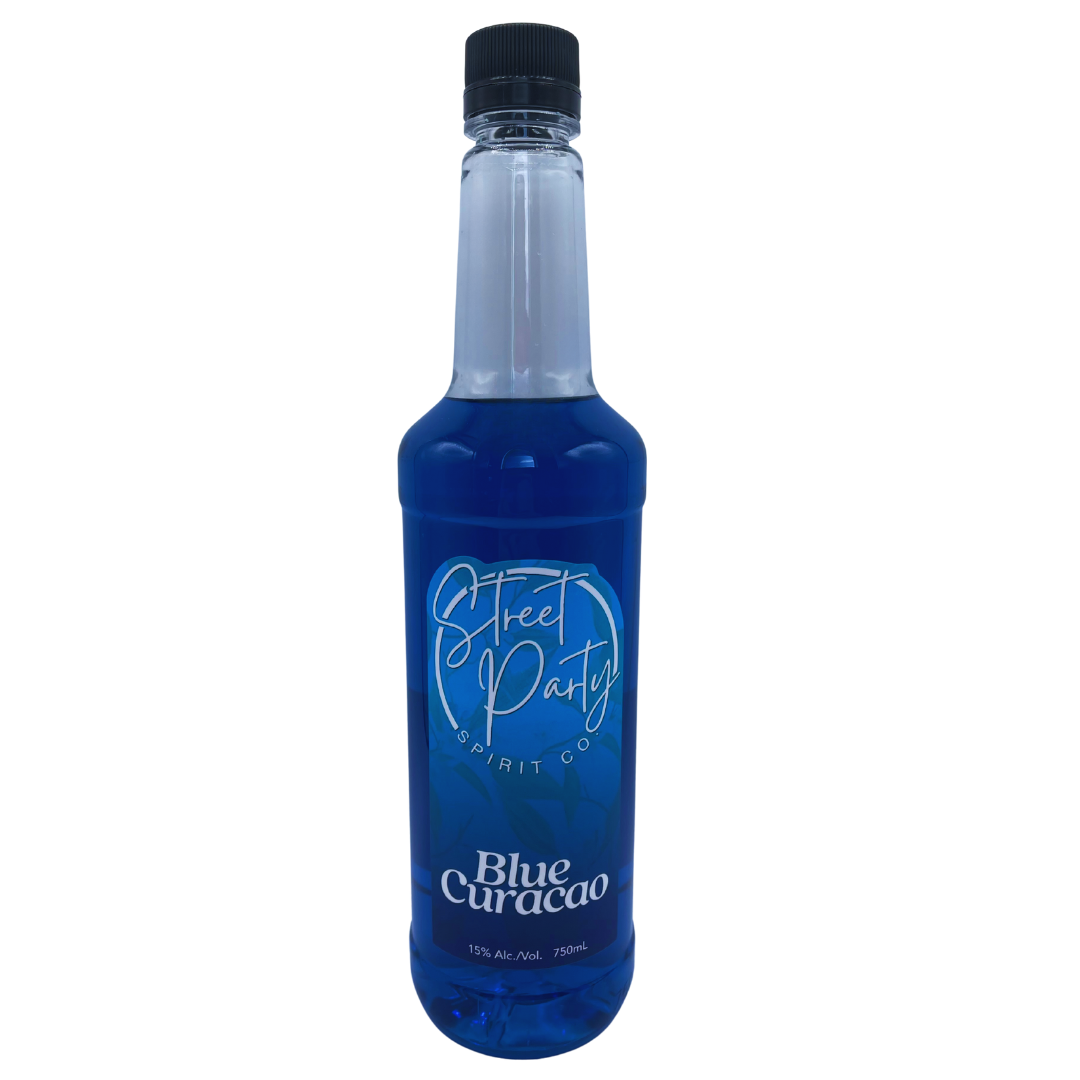 Bottle of Street Party Spirit Co. Blue Curacao on a white background
