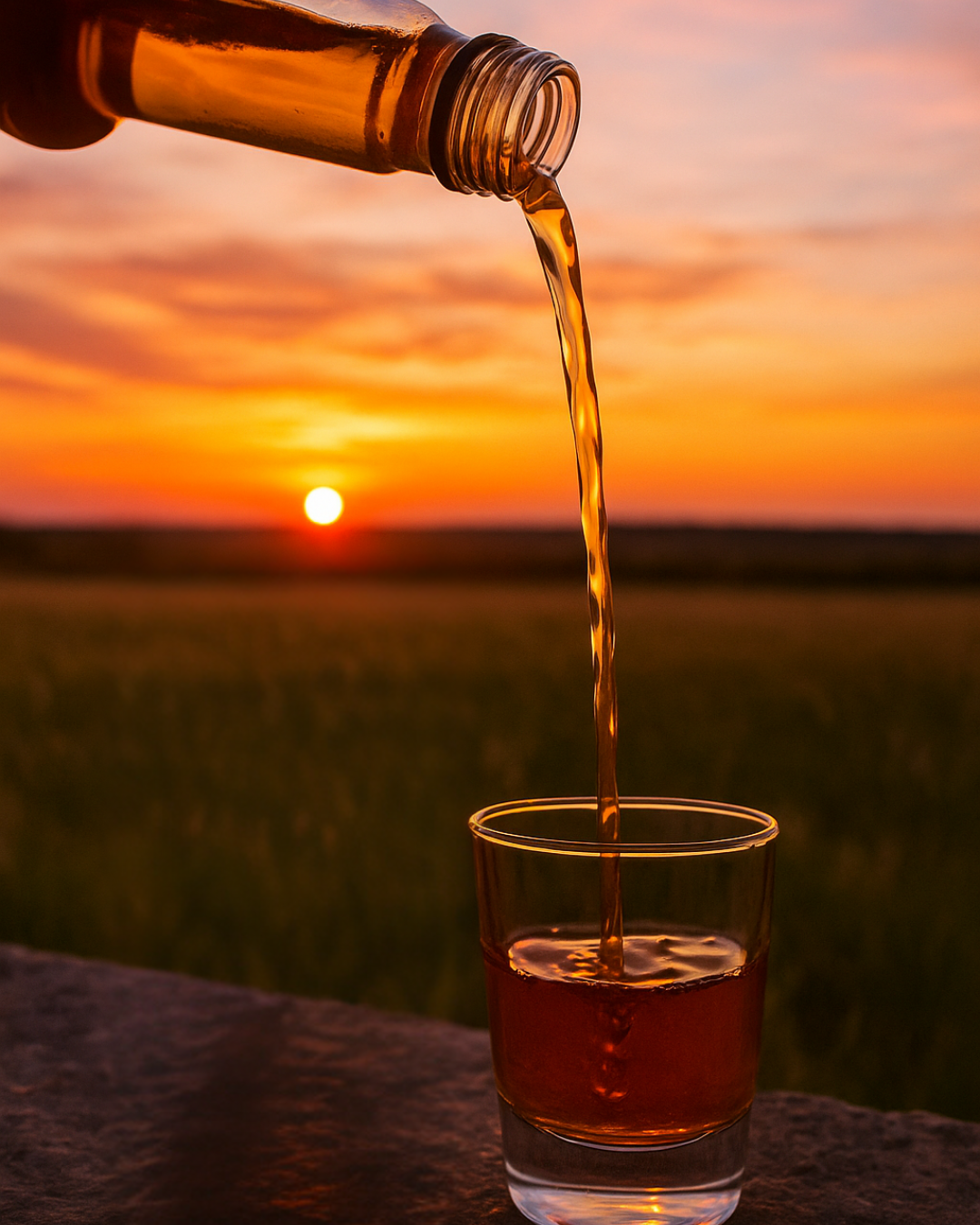 Bottle of Street Party Spirit Co. Butterscotch Schnapps pouring into a clear shot glass with a sunset over a field in the background