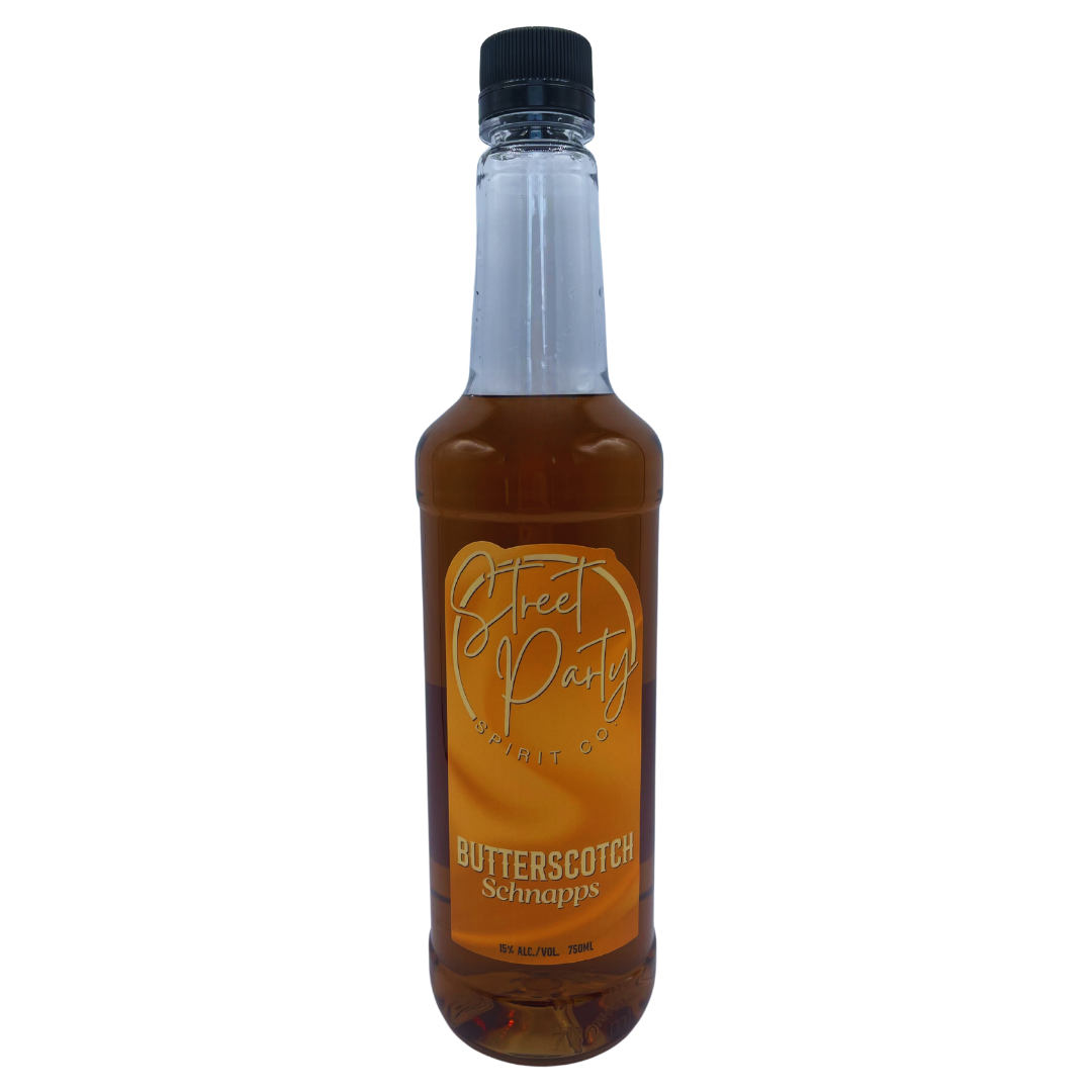 Bottle of Street Party Spirit Co. Butterscotch Schnapps on a white background