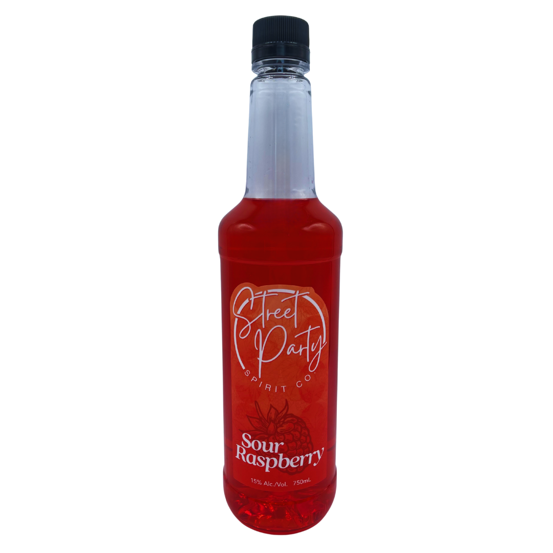 Bottle of Street Party Spirit Co. Sour Raspberry on a white background